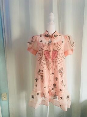 Anthropologie Pink Embroidered Heart & Star Short Dress